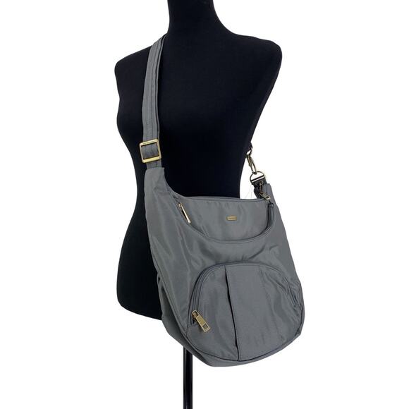 NWT TRAVELON Anti-Theft Round Hobo Bag Grey - Picture 2 of 12